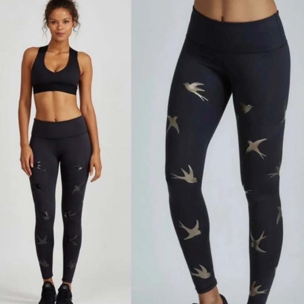 Noli Size XS Black Impact Bird Leggings Bronze Gold Compression Workout Sparrow